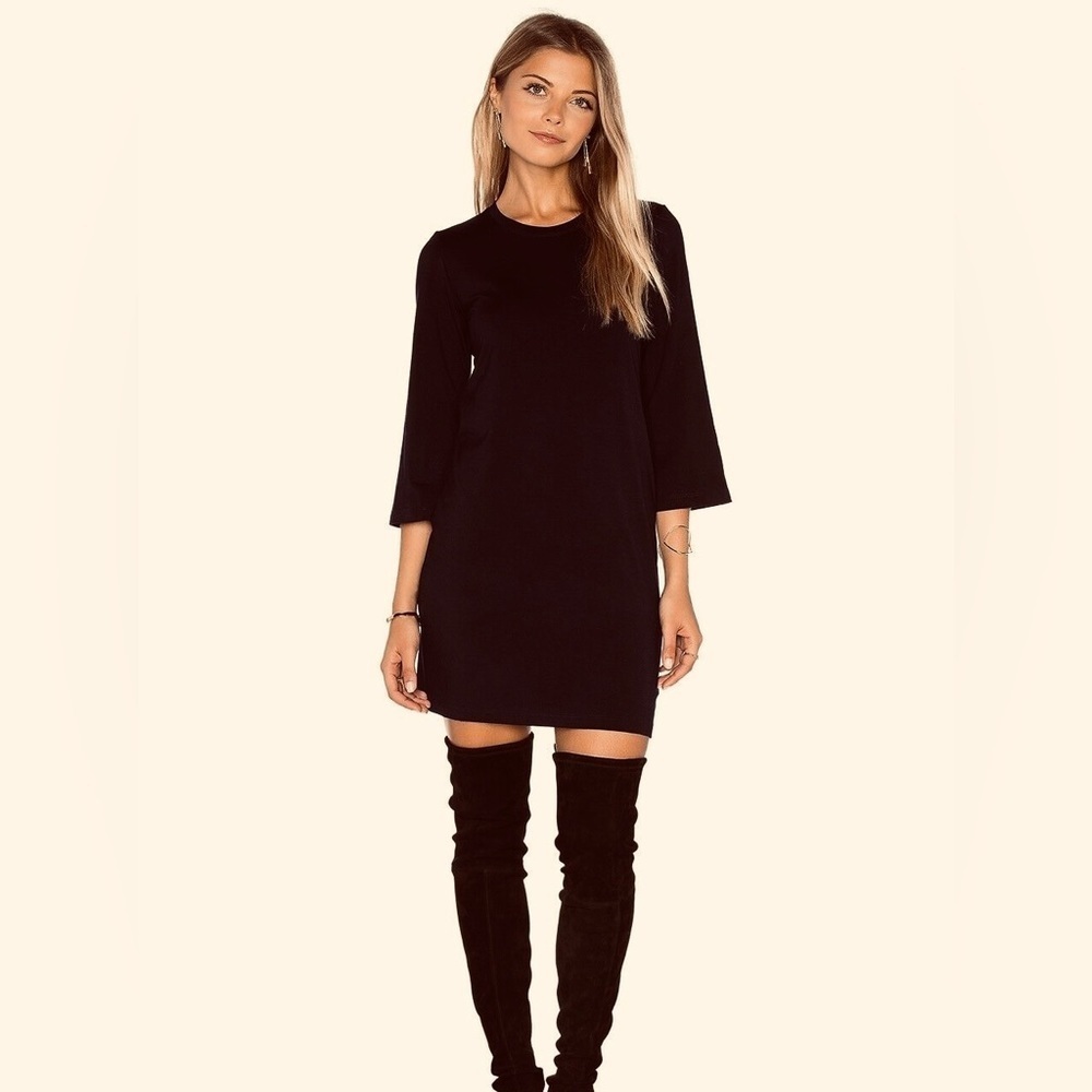 Monrow Revolve 3/4 Sleeve Siro Tencel Black Crewneck Mini Dress NWT Size Large